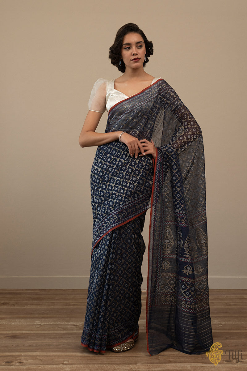 &#39;Nilima&#39; Navy Blue Pure Cotton Jamdani Real Zari Banarasi Handloom Saree