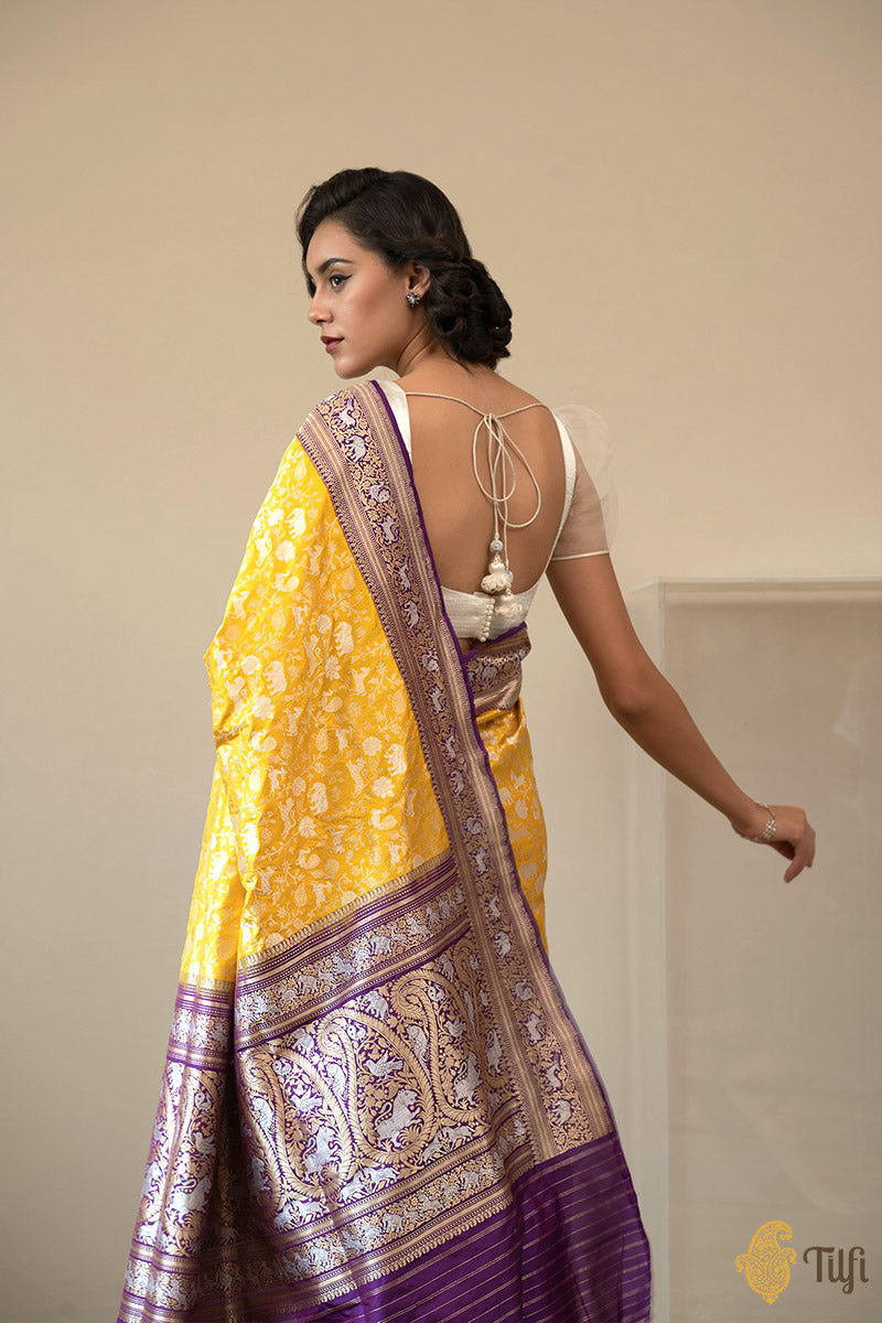 Yellow-Purple Pure Katan Silk Banarasi Handloom Saree