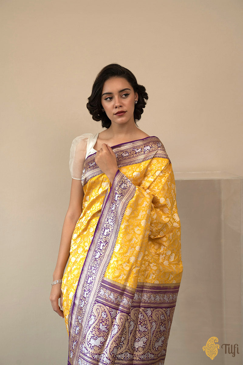 Yellow-Purple Pure Katan Silk Banarasi Handloom Saree