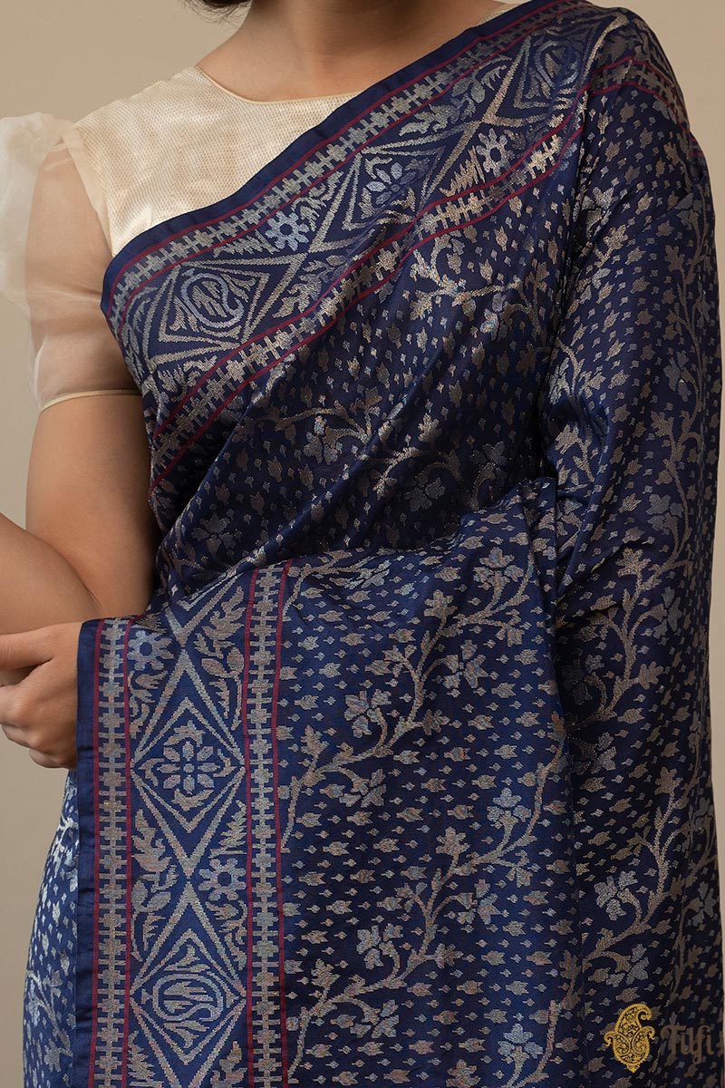&#39;Shambhavi&#39; Navy Blue Pure Katan Silk Real Zari Banarasi Handloom Saree