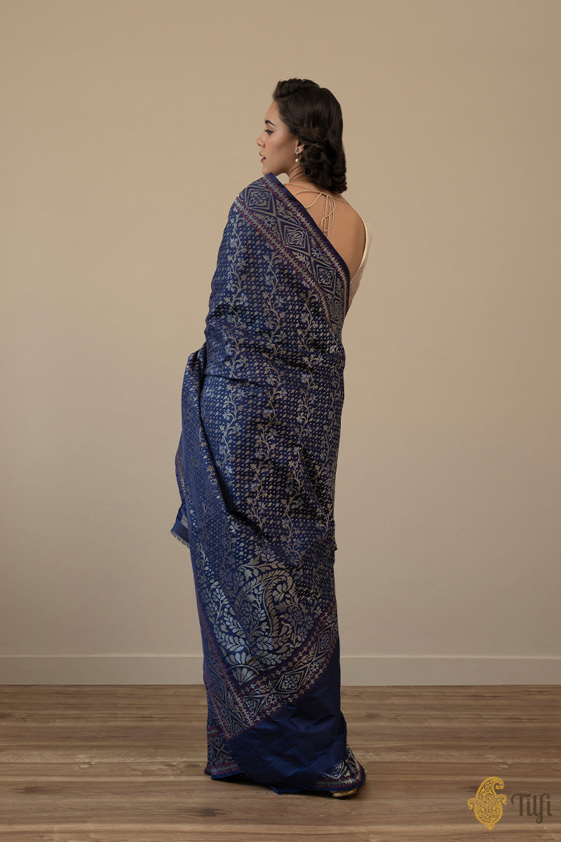 &#39;Shambhavi&#39; Navy Blue Pure Katan Silk Real Zari Banarasi Handloom Saree