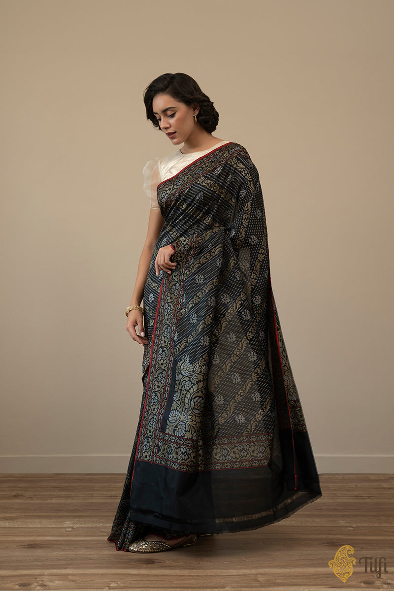 &#39;Yamini&#39; Black Pure Katan Silk Ektara Real Zari Banarasi Handloom Saree