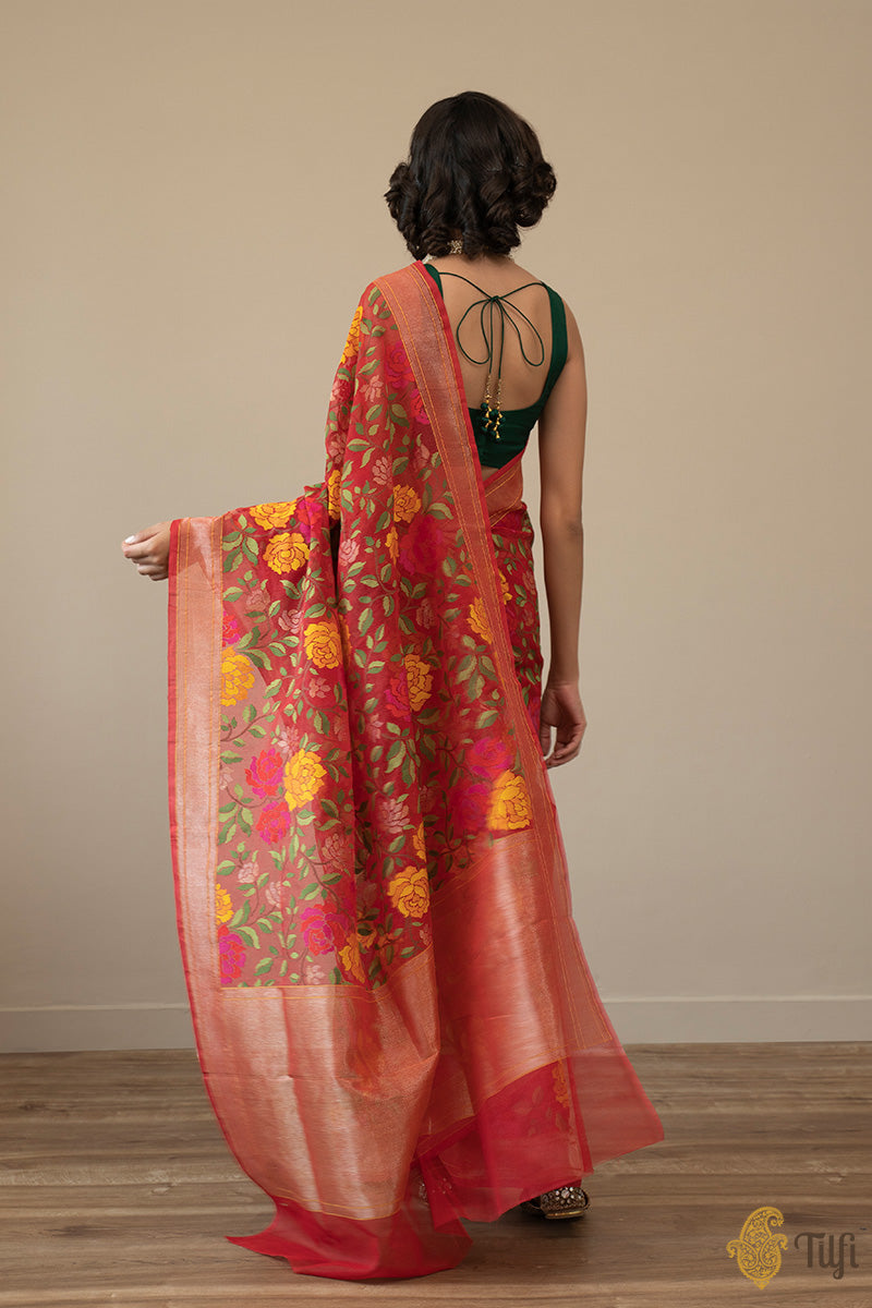 &#39;Vanya&#39; Red Pure Cotton Jamdani Real Zari Banarasi Handloom Saree