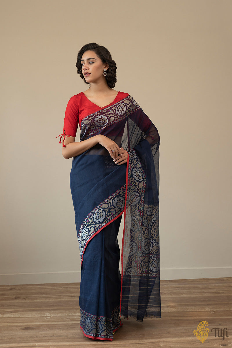 &#39;Urmila&#39; Navy Blue Pure Cotton Jamdani Real Zari Banarasi Handloom Saree