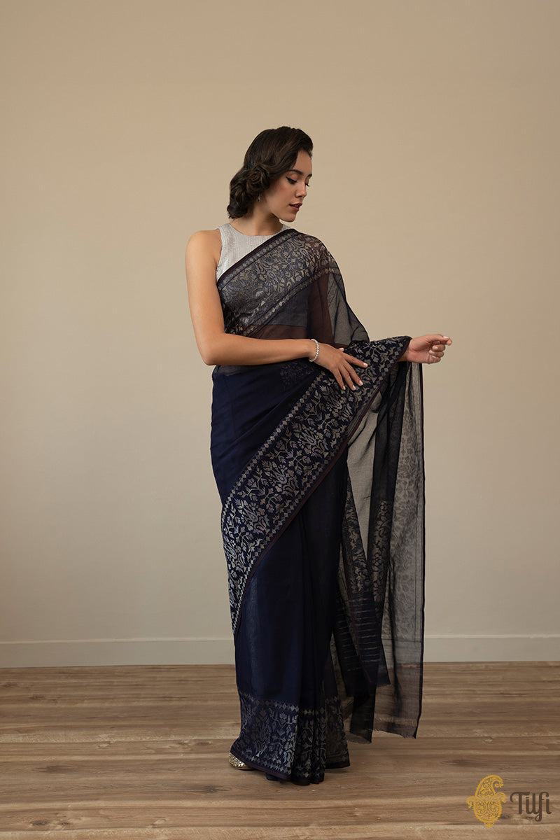 Pre-Order: &#39;Damini&#39; Deep Navy Blue Pure Cotton Jamdani Banarasi Handloom Saree
