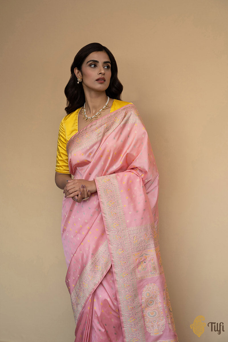 Soft Pink Pure Katan Silk Banarasi Handloom Saree - Tilfi