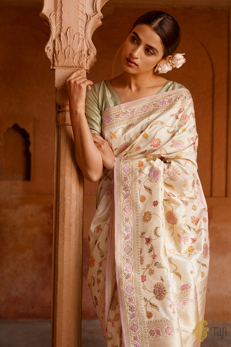 &#39;Vedha&#39; Off-White Pure Katan Silk Banarasi Handloom Saree