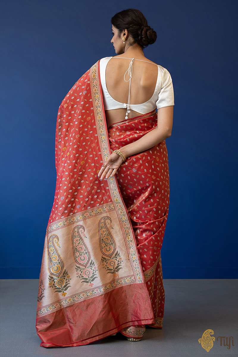 &#39;Zarin&#39; Red Pure Katan Silk Tissue Banarasi Handloom Saree