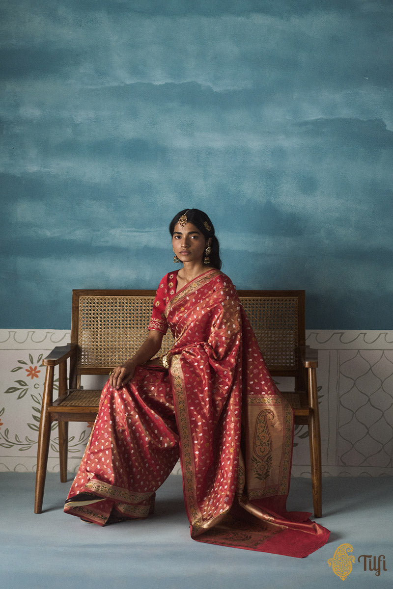&#39;Zarin&#39; Red Pure Katan Silk Tissue Banarasi Handloom Saree