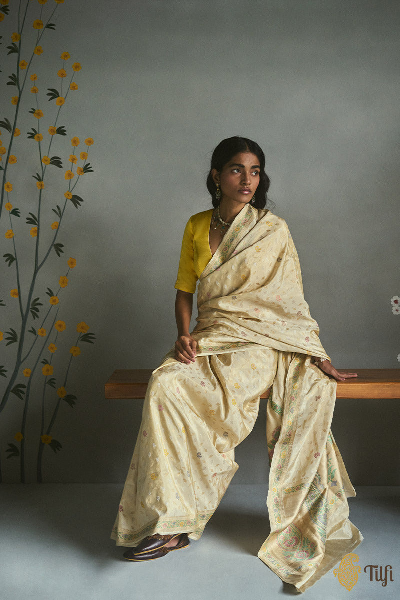 &#39;Zarin&#39; Off-White Pure Katan Silk Tissue Banarasi Handloom Saree