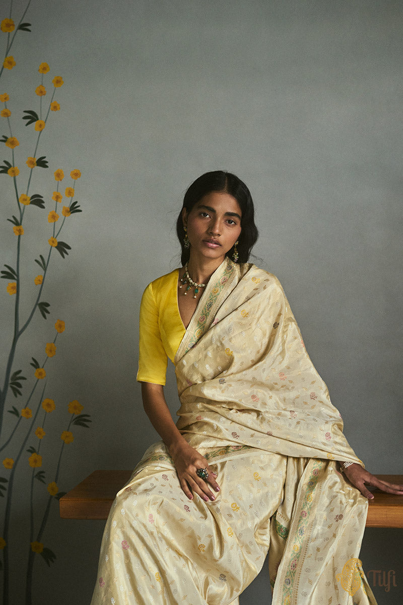 &#39;Zarin&#39; Off-White Pure Katan Silk Tissue Banarasi Handloom Saree