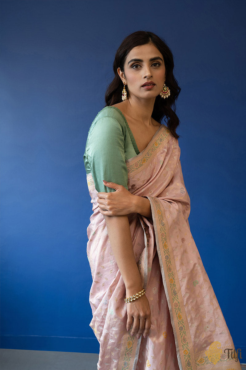 &#39;Zarin&#39; Light Pink Pure Katan Silk Tissue Banarasi Handloom Saree