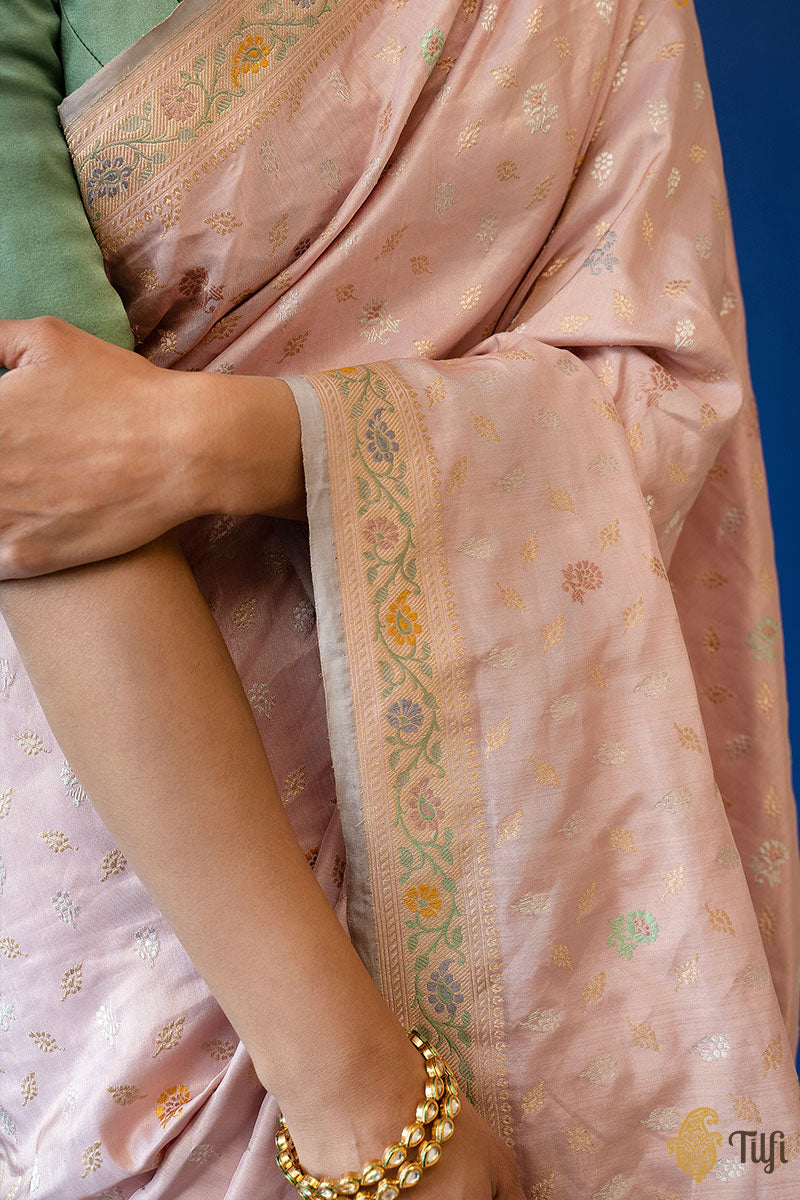 &#39;Zarin&#39; Light Pink Pure Katan Silk Tissue Banarasi Handloom Saree