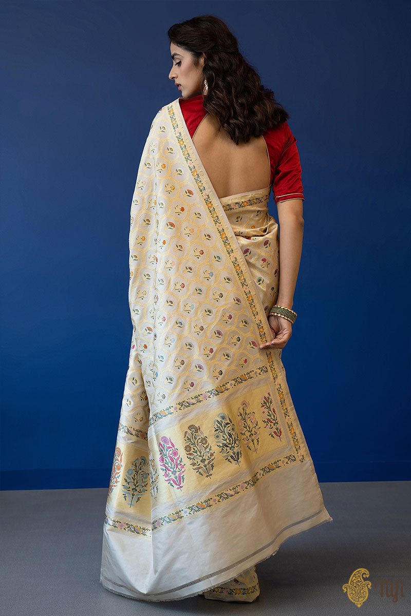 Pre-Order: &#39;Shiraz&#39; Off-White Pure Katan Silk Banarasi Handloom Saree