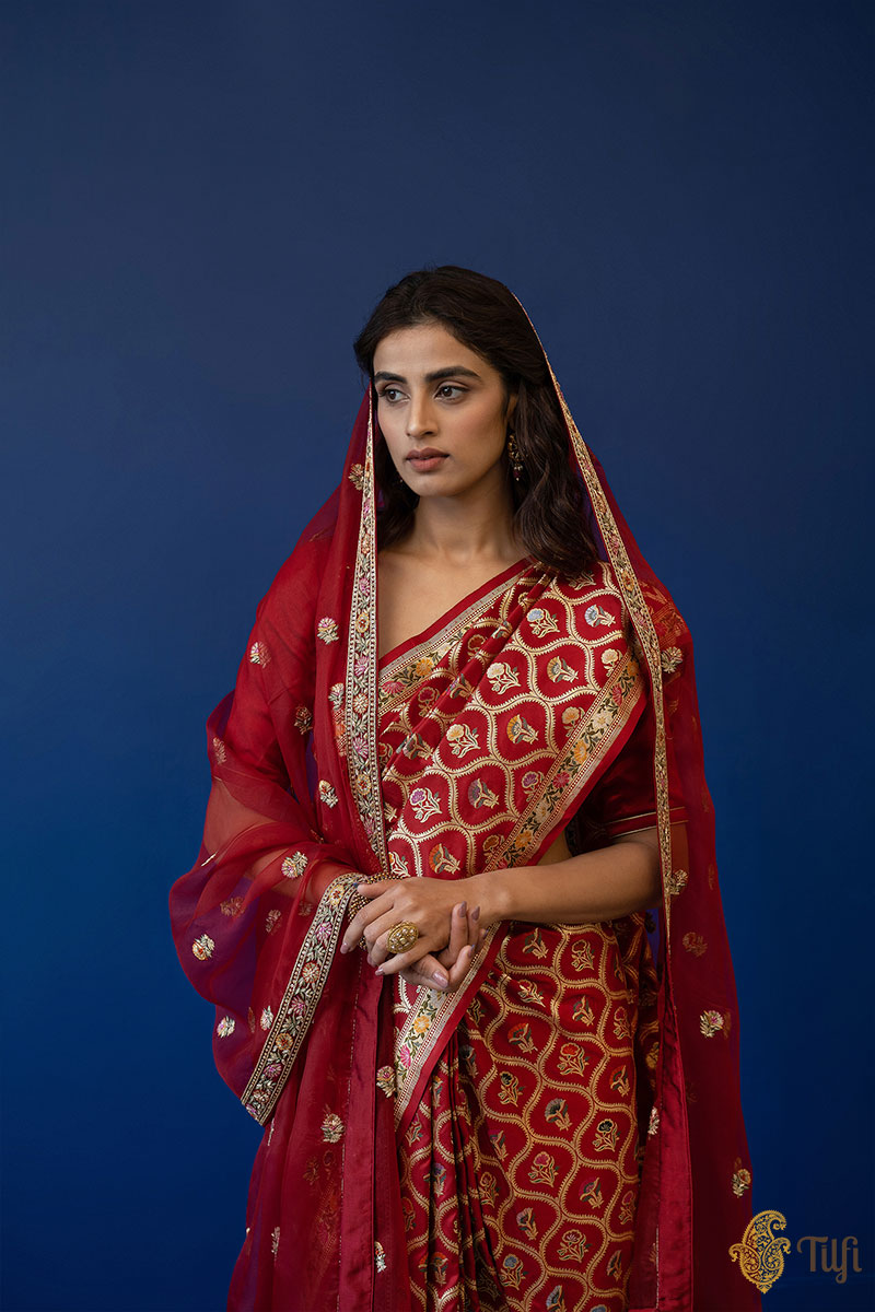 &#39;Shiraz&#39; Deep Maroon Pure Katan Silk Banarasi Handloom Saree