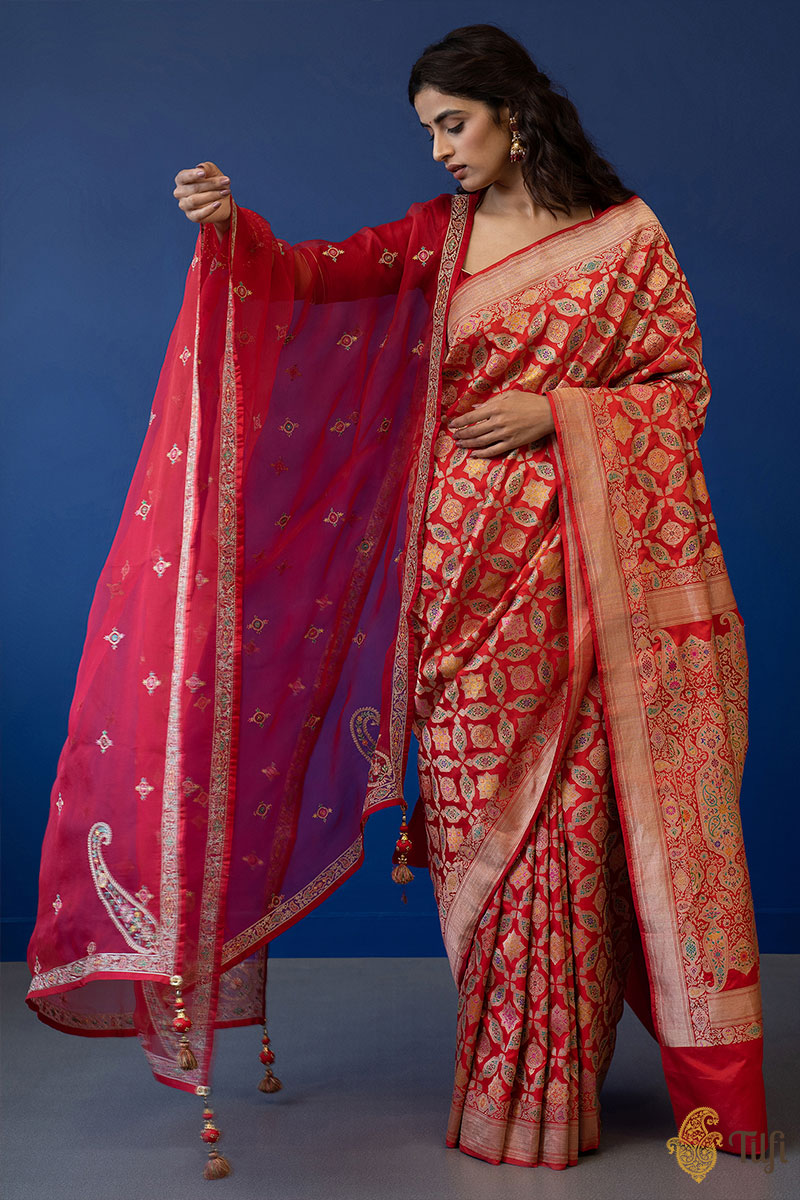 &#39;Gulnaar&#39; Red Pure Katan Silk Banarasi Handloom Saree