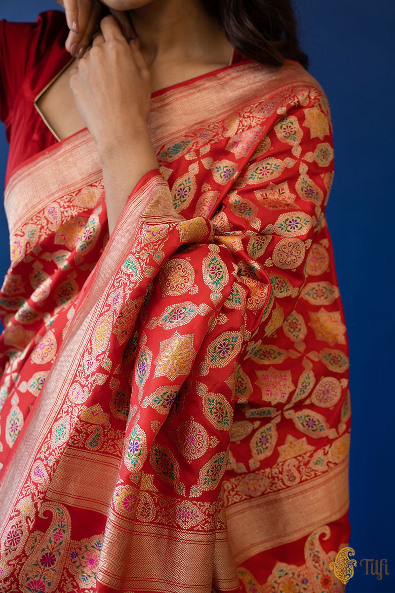 &#39;Gulnaar&#39; Red Pure Katan Silk Banarasi Handloom Saree