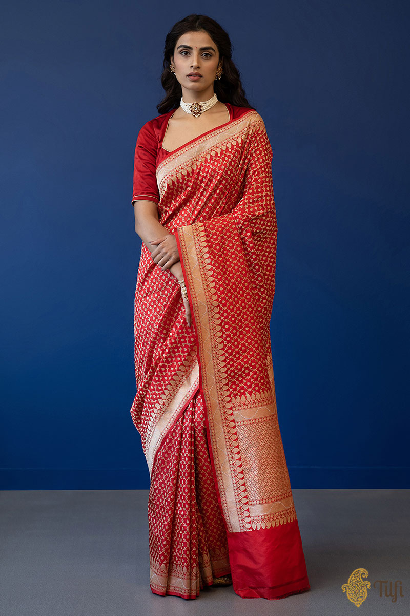 &#39;Nasrin&#39; Red Pure Katan Silk Real Zari Banarasi Handloom Saree