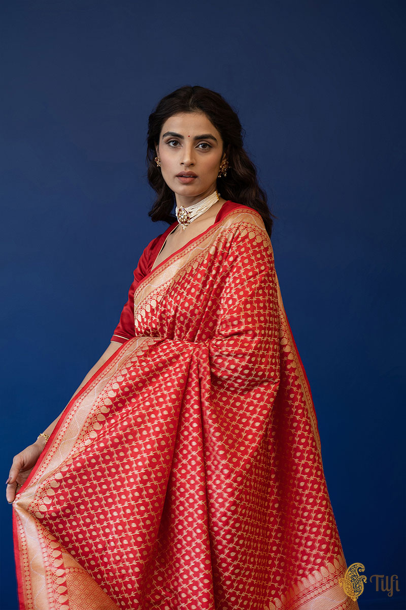 &#39;Nasrin&#39; Red Pure Katan Silk Real Zari Banarasi Handloom Saree