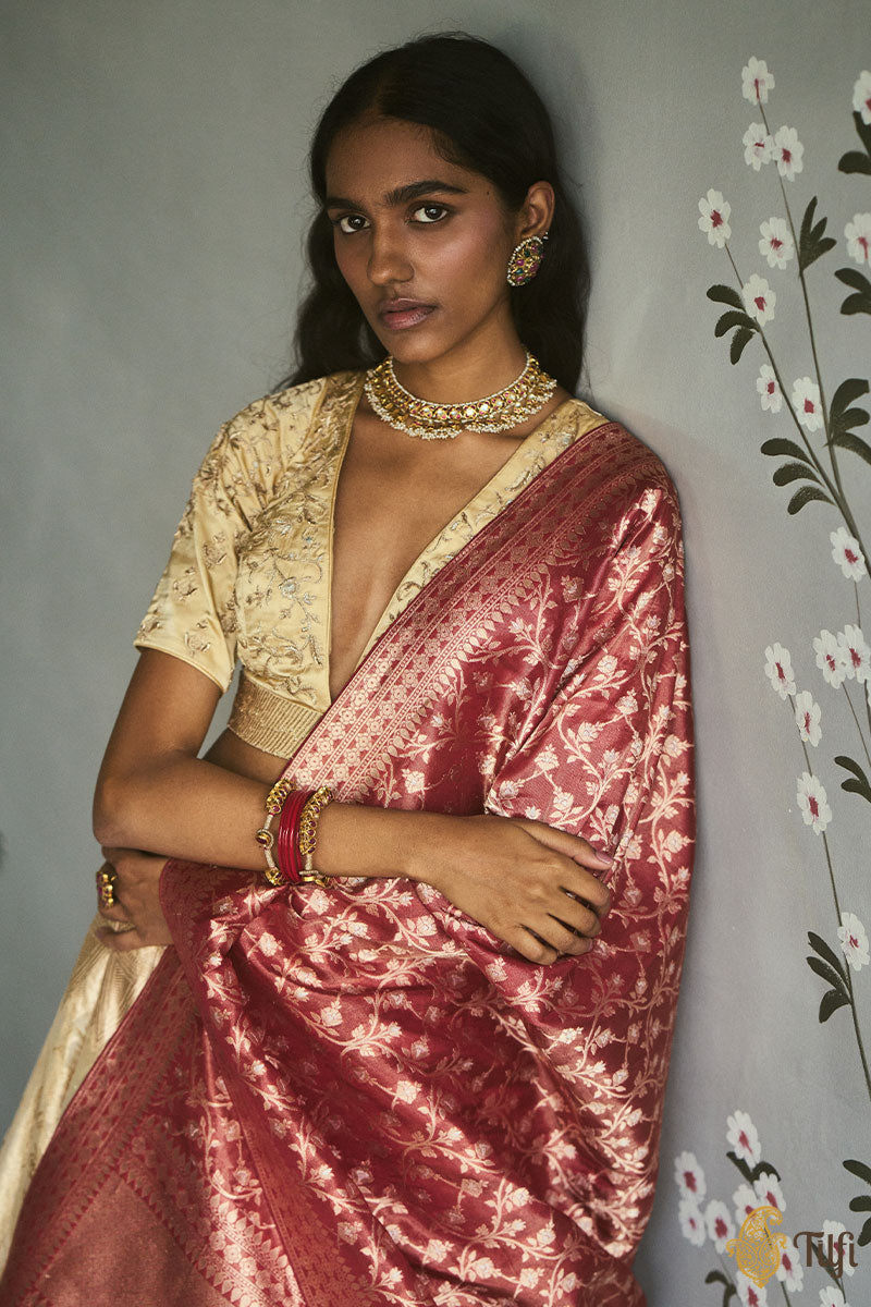 &#39;Noor&#39; Gold Pure Katan Silk Tissue Banarasi Handloom Lehenga Set