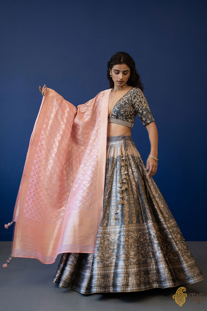 &#39;Noor&#39; Grey Pure Katan Silk Tissue Banarasi Handloom Lehenga Set