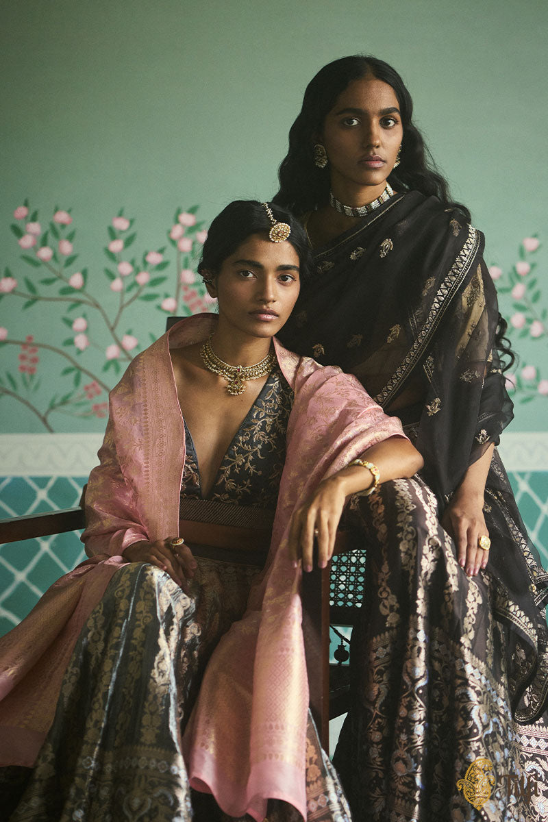 &#39;Noor&#39; Grey Pure Katan Silk Tissue Banarasi Handloom Lehenga Set