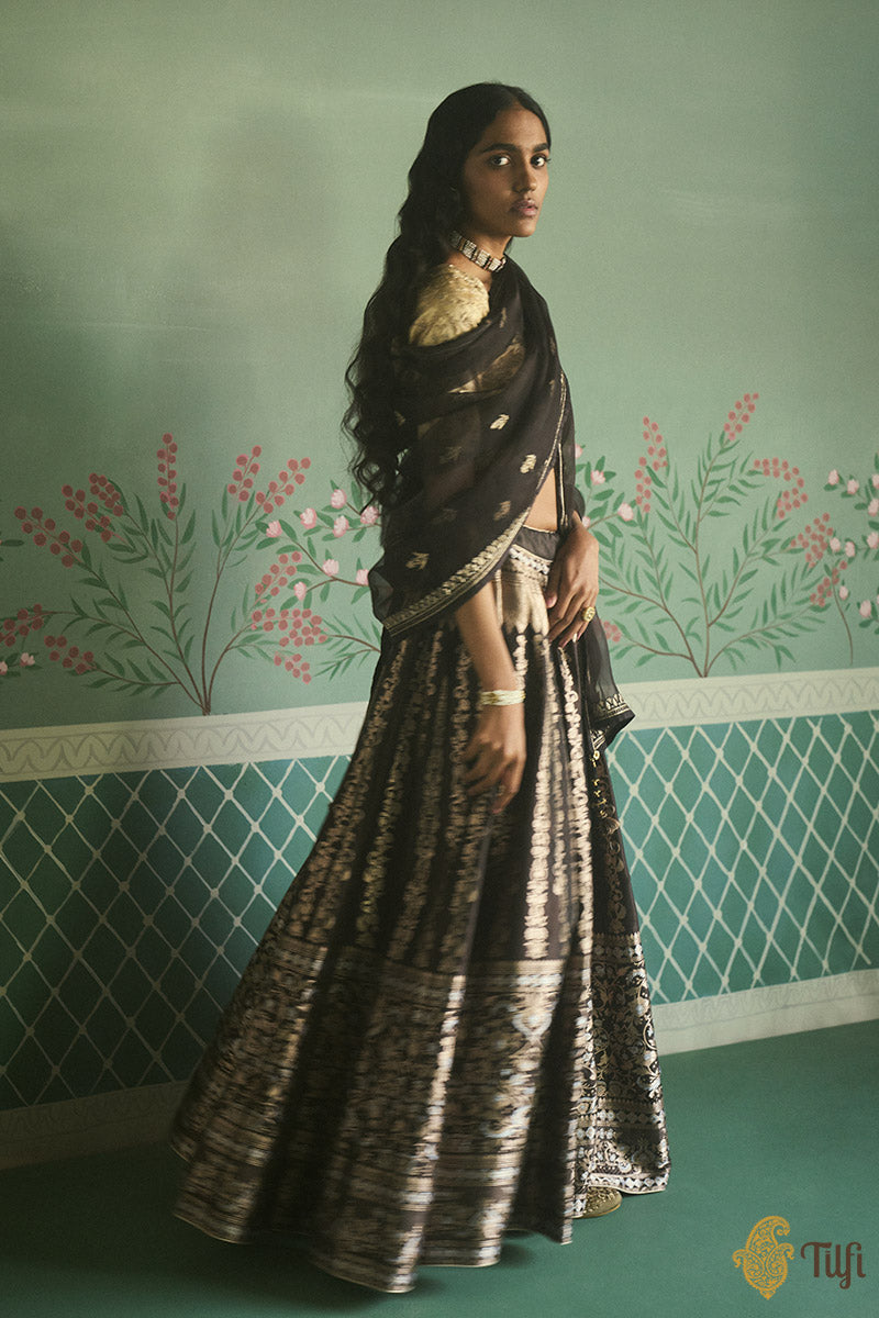 &#39;Noor&#39; Charcoal Brown Pure Katan Silk Banarasi Handloom Lehenga Set