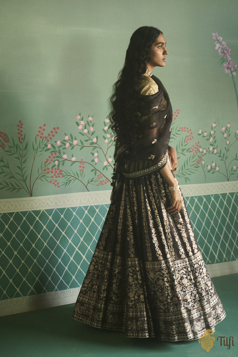 &#39;Noor&#39; Charcoal Brown Pure Katan Silk Banarasi Handloom Lehenga Set