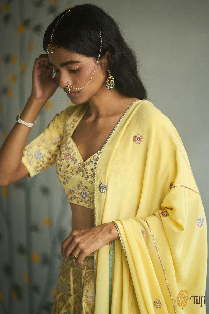 &#39;Ziba&#39; Light Yellow Pure Katan Silk Banarasi Handloom Lehenga Set