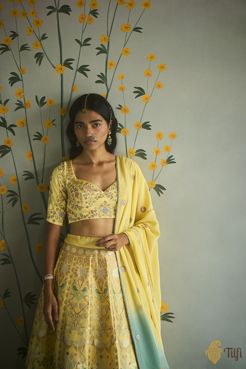 &#39;Ziba&#39; Light Yellow Pure Katan Silk Banarasi Handloom Lehenga Set