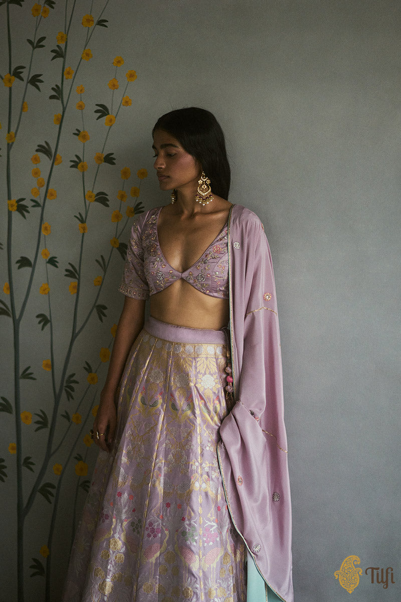 &#39;Ziba&#39; Soft Lilac Pure Katan Silk Banarasi Handloom Lehenga Set