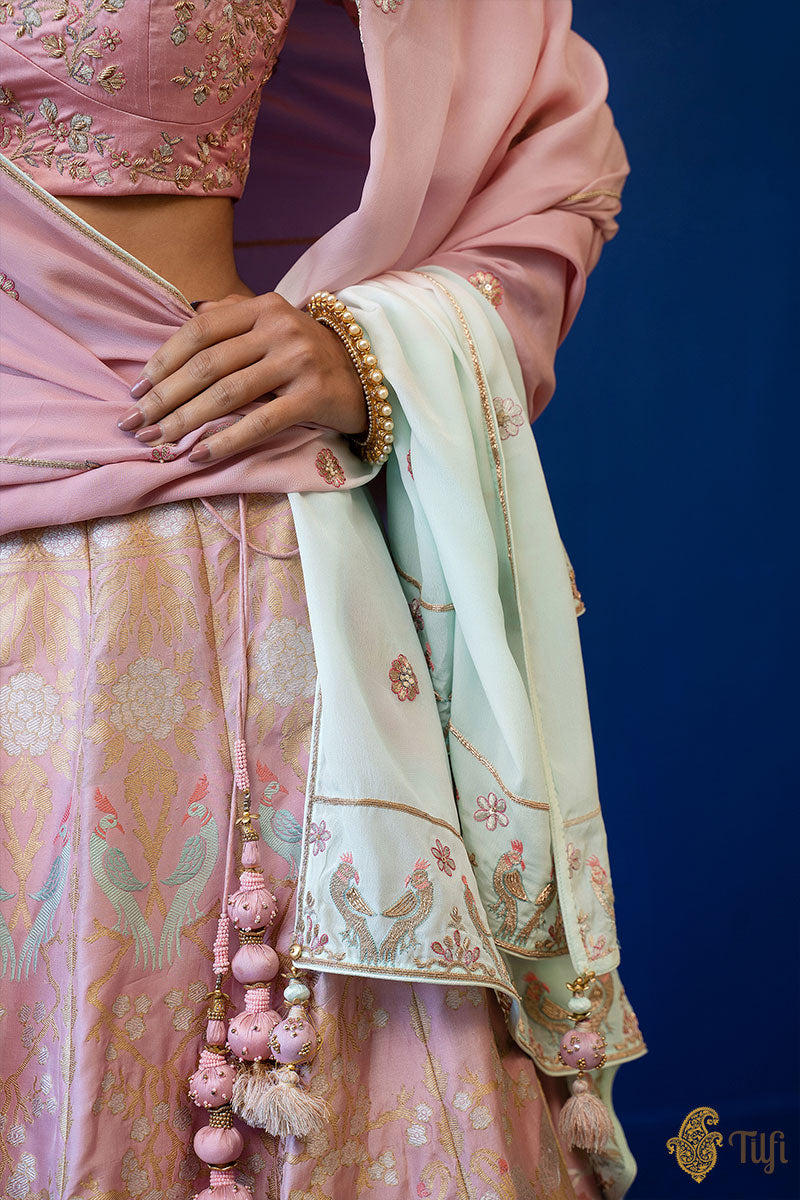 &#39;Ziba&#39; Soft Pink Pure Katan Silk Banarasi Handloom Lehenga Set