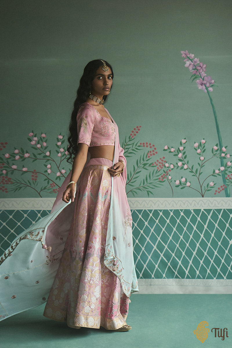 &#39;Ziba&#39; Soft Pink Pure Katan Silk Banarasi Handloom Lehenga Set