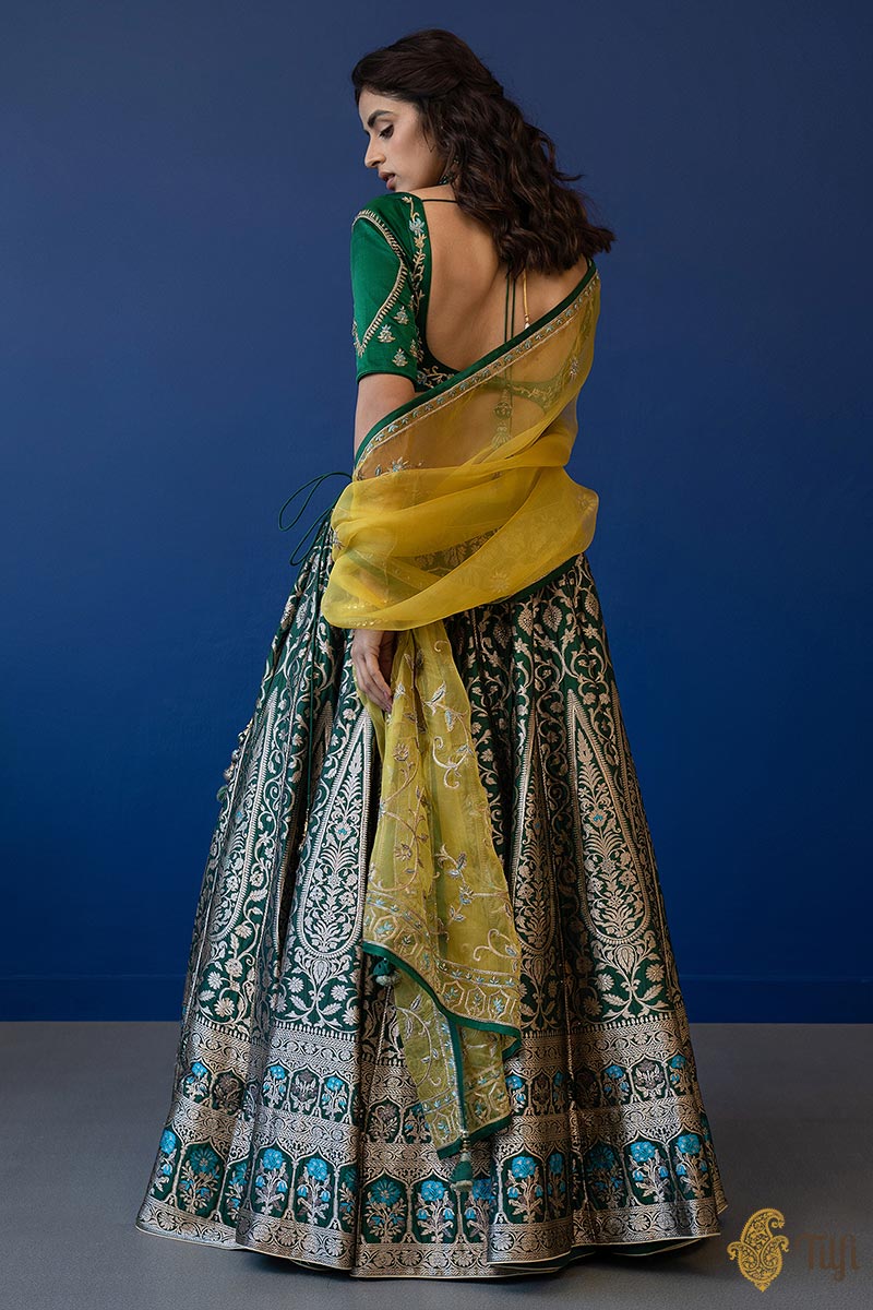 &#39;Bahaar&#39; Green Pure Katan Silk Banarasi Handloom Lehenga Set