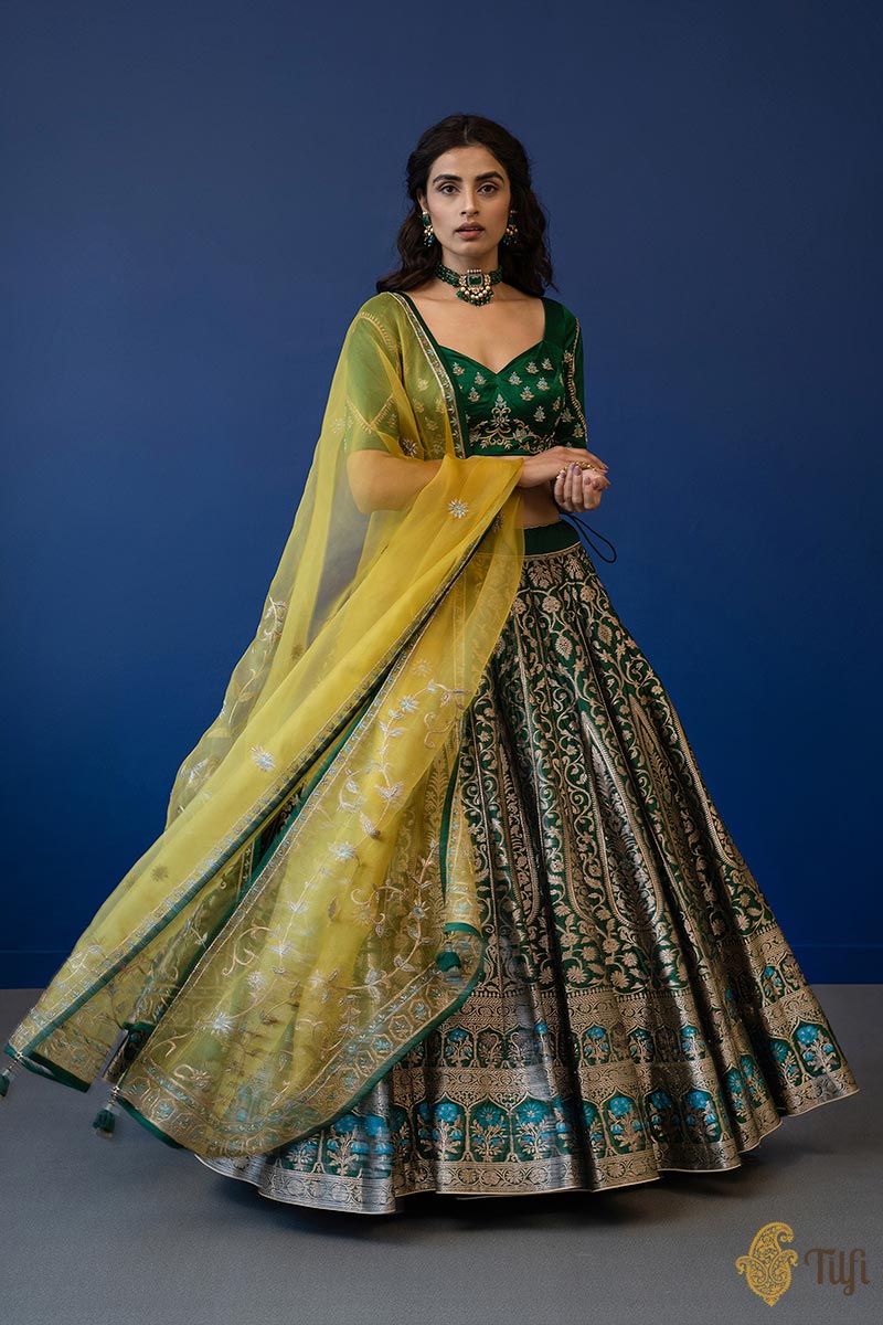 &#39;Bahaar&#39; Green Pure Katan Silk Banarasi Handloom Lehenga Set