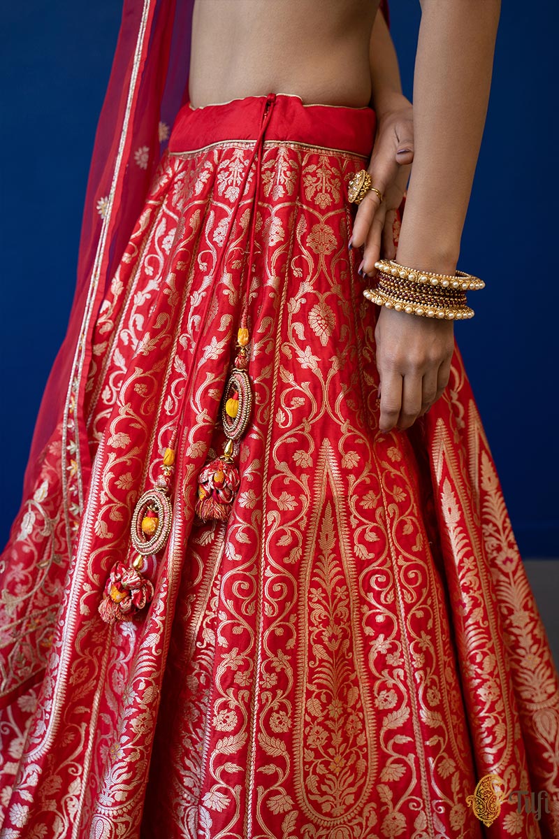 &#39;Bahaar&#39; Red Pure Katan Silk Banarasi Handloom Lehenga Set