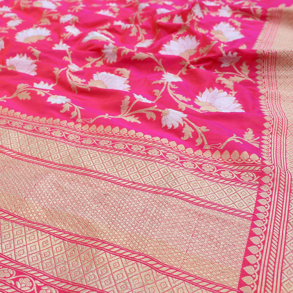 Pink-Orange Pure Katan Silk Banarasi Handloom Dupatta - Tilfi