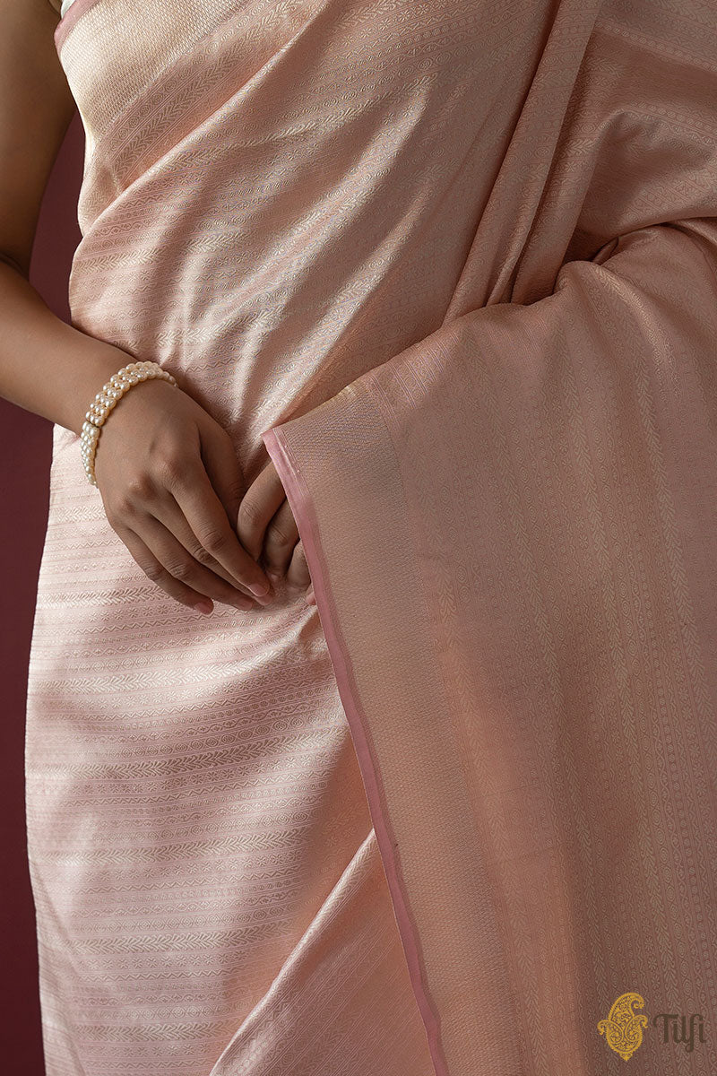 Beige-Pink Pure Katan Silk Tissue Banarasi Handloom Saree