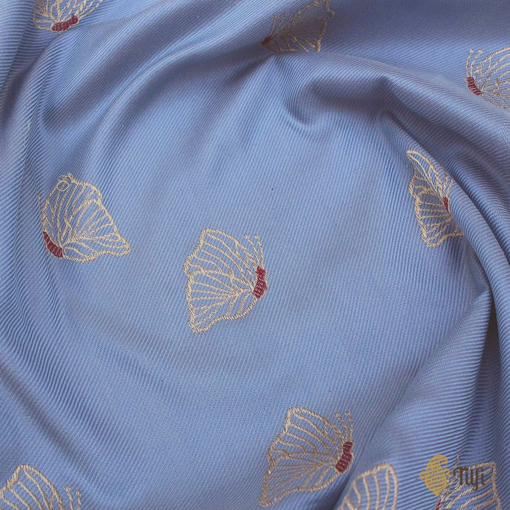 Off-White-Denim Blue Pure Katan Silk &amp; Cotton Banarasi Handloom Saree