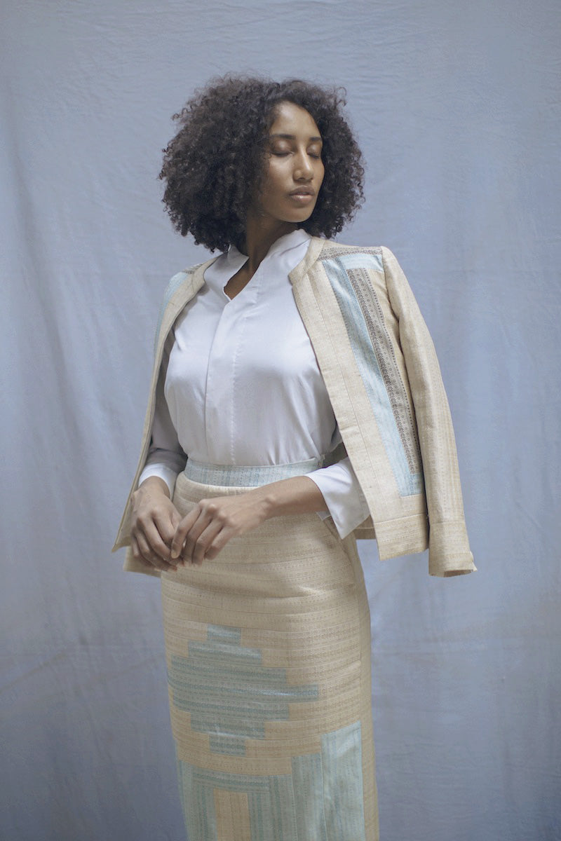 &quot;Congruent&quot; Beige Handwoven Tussar Silk Straight Geometric Skirt