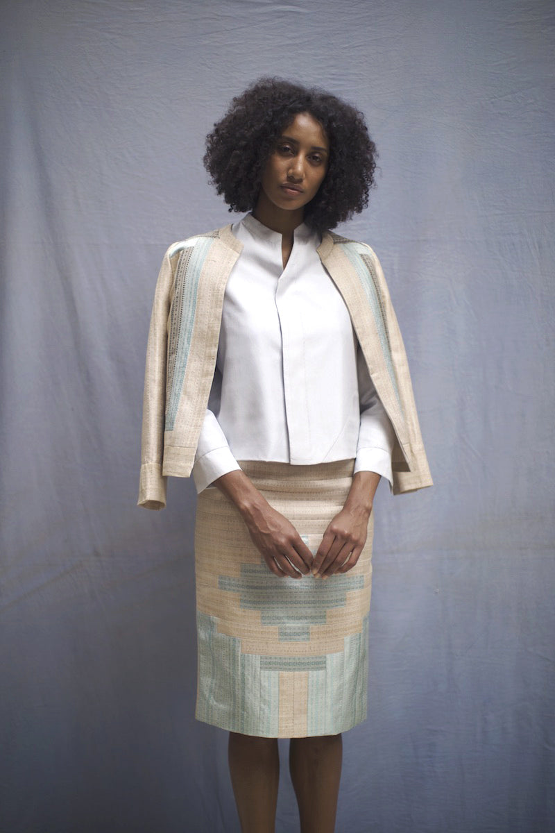 &quot;Congruent&quot; Beige Handwoven Tussar Silk Straight Geometric Skirt