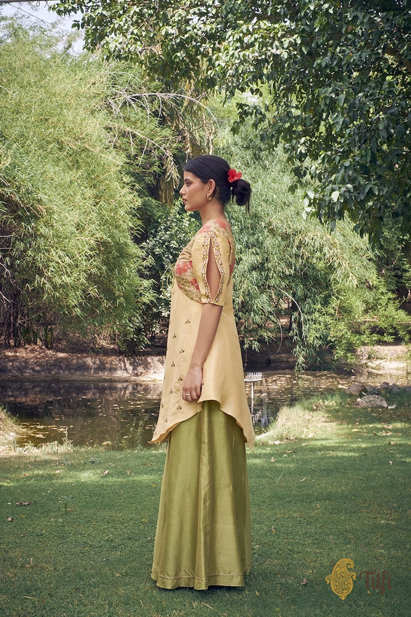 Sand Yellow-Fresh Green Pure Banarasi Silk Suit Set