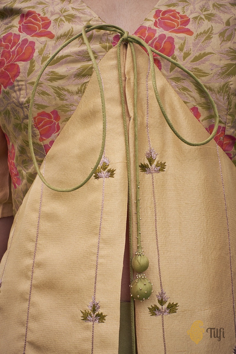 Sand Yellow-Fresh Green Pure Banarasi Silk Suit Set