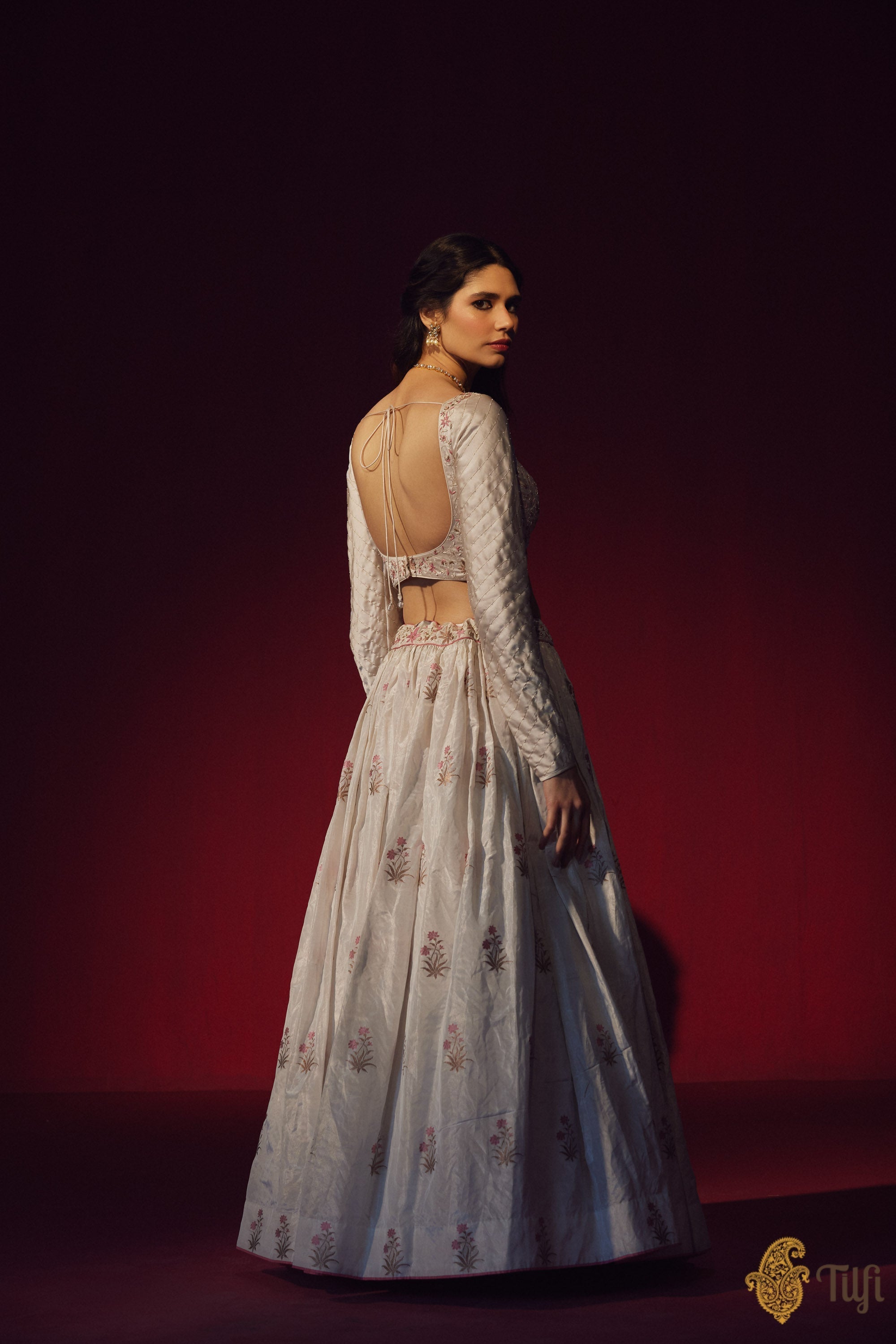 White-Silver Tissue Banarasi Handloom Lehenga Set with Hand-embroidere ...