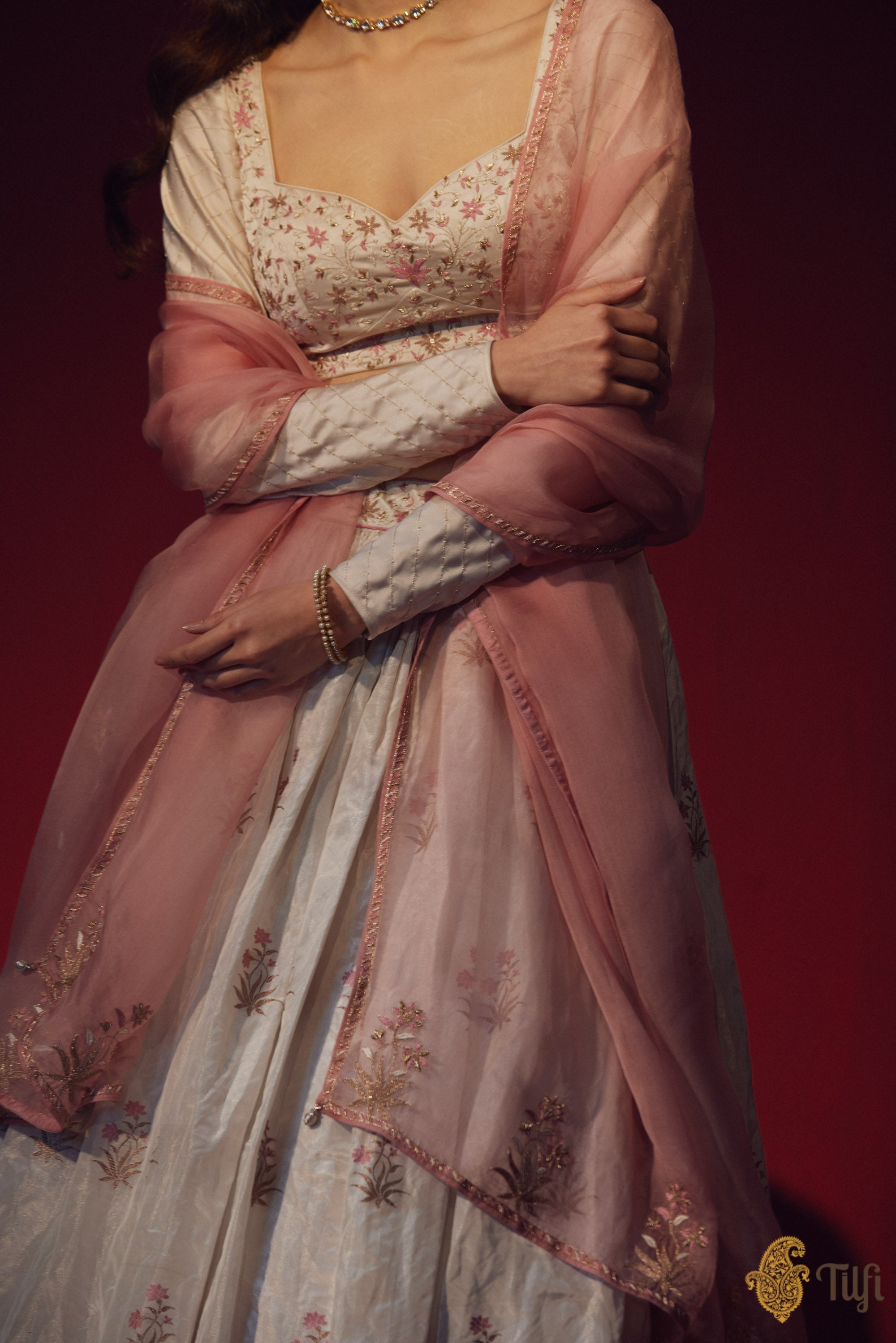 White-Silver Tissue Banarasi Handloom Lehenga Set with Hand-embroidere ...