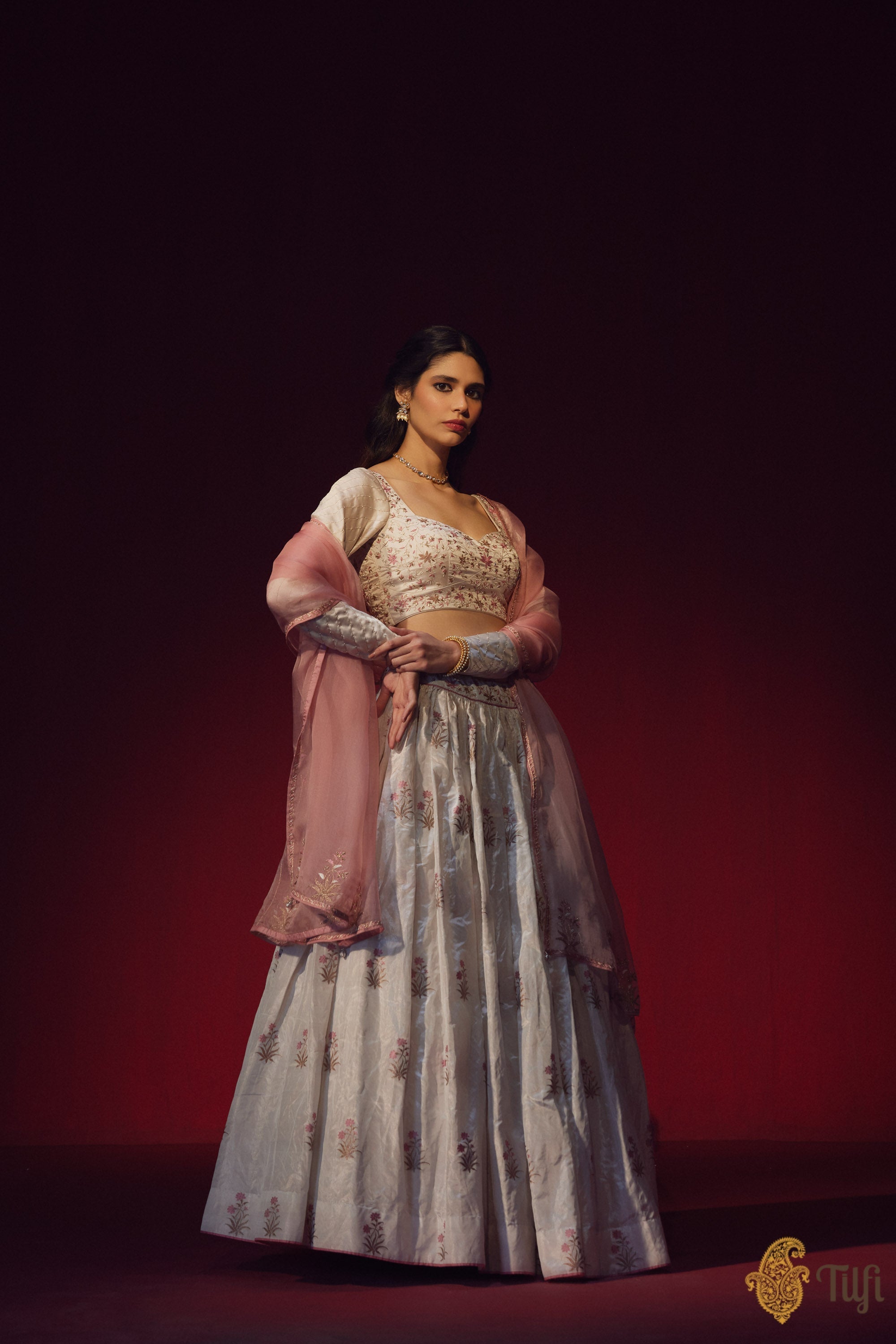 White-Silver Tissue Banarasi Handloom Lehenga Set with Hand-embroidere ...